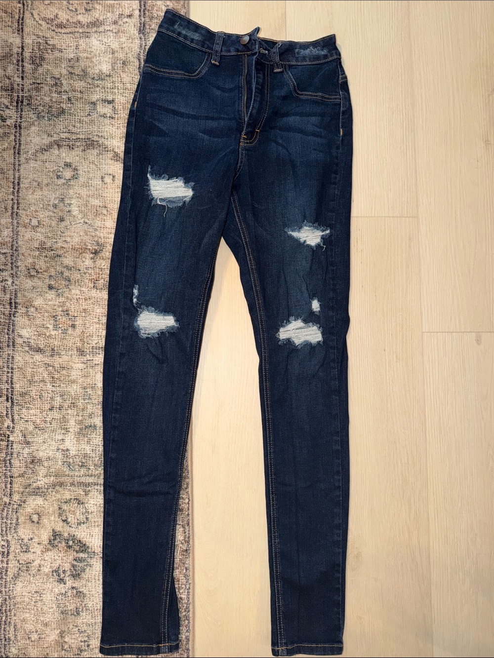 Fashion Nova Dark Blue Distressed Skinny Jeans